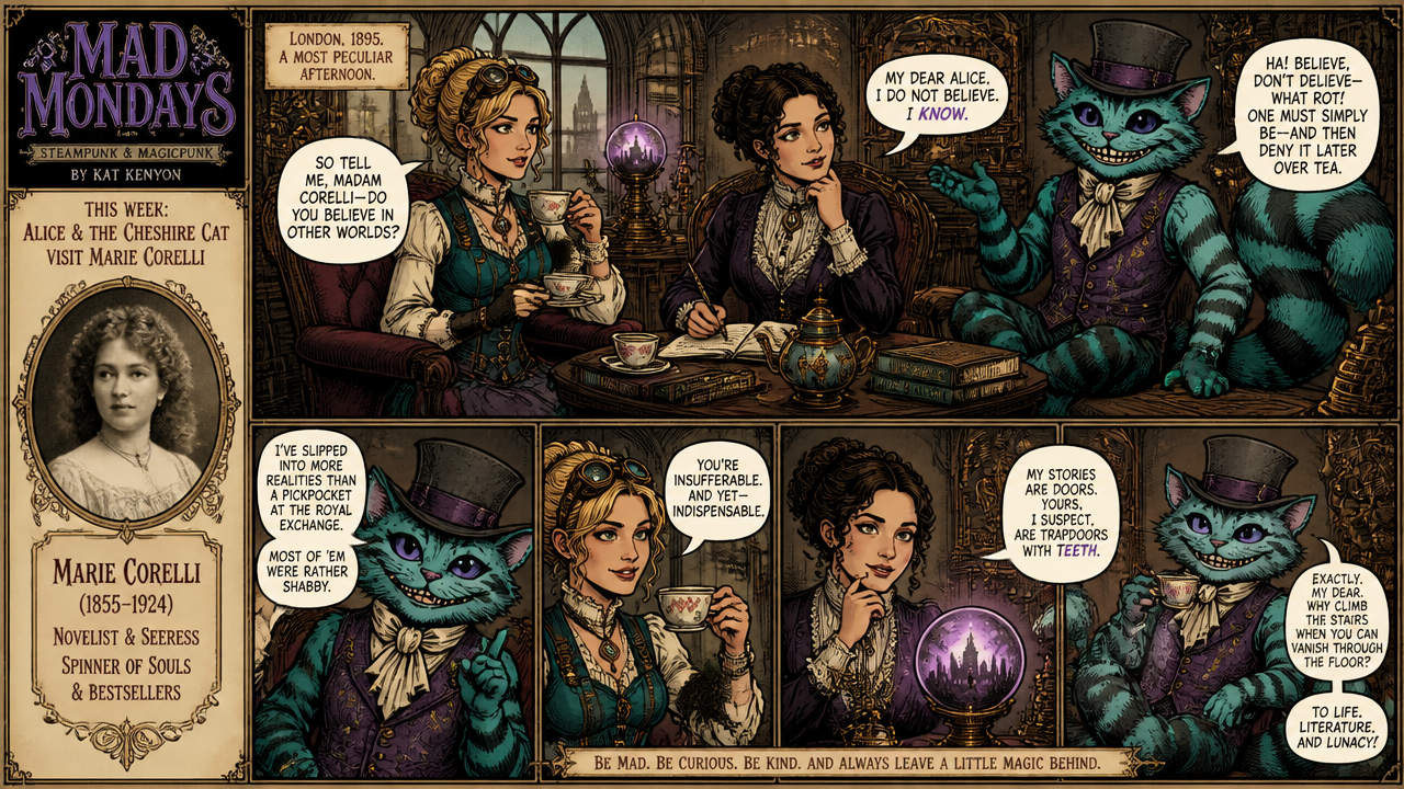 Victorian-styled comic panel showing Alice and Marie Corelli at a tea table with the Cheshire Cat in a top hat.