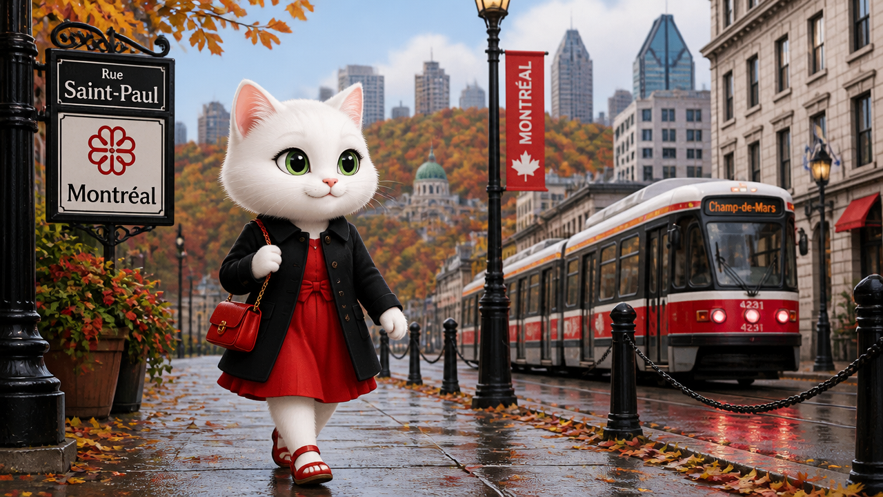 White cat in a red dress and black coat walking on a rainy Montreal street near a red tram