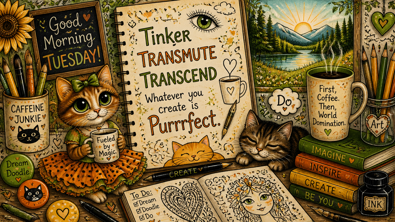 Colorful whimsical illustration of cats with notebooks, pencils, and a coffee mug surrounded by quotes and art supplies.