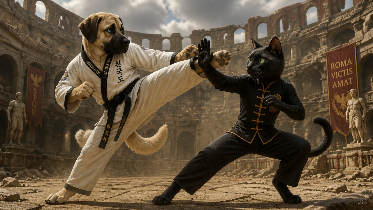 Dog in a white martial arts gi battles a black cat in an ancient coliseum setting.