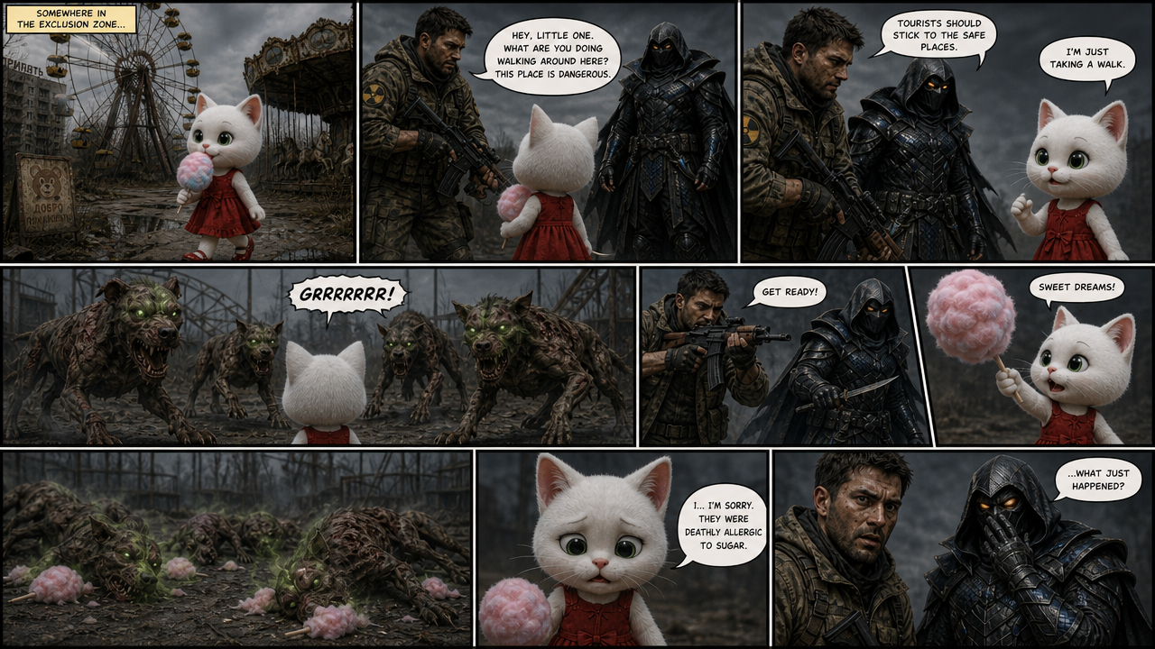 White kitten with pink cotton candy amid a dark fantasy street with approaching monsters.