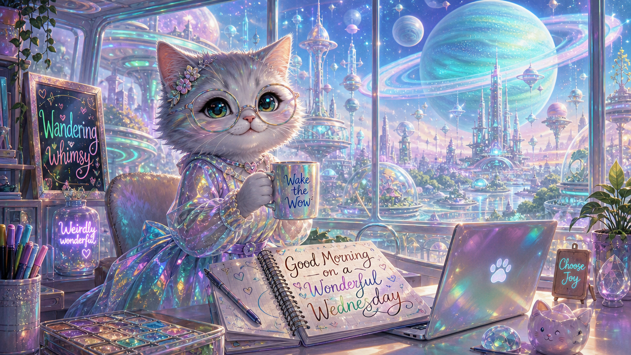 Kawaii cat with glasses at a sparkling futuristic desk, coffee mug, open notebook, and a neon-space city outside.