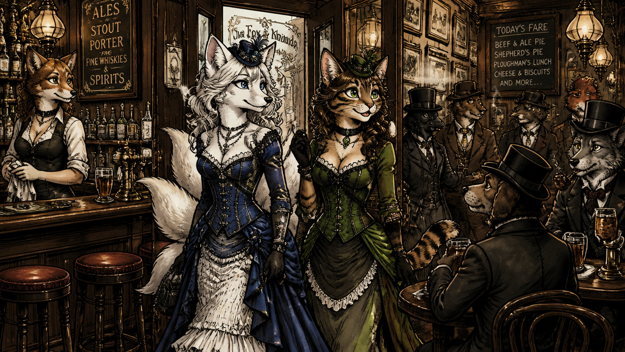Two elegant anthropomorphic cats in Victorian-style gowns walk through a warm tavern filled with cat patrons.