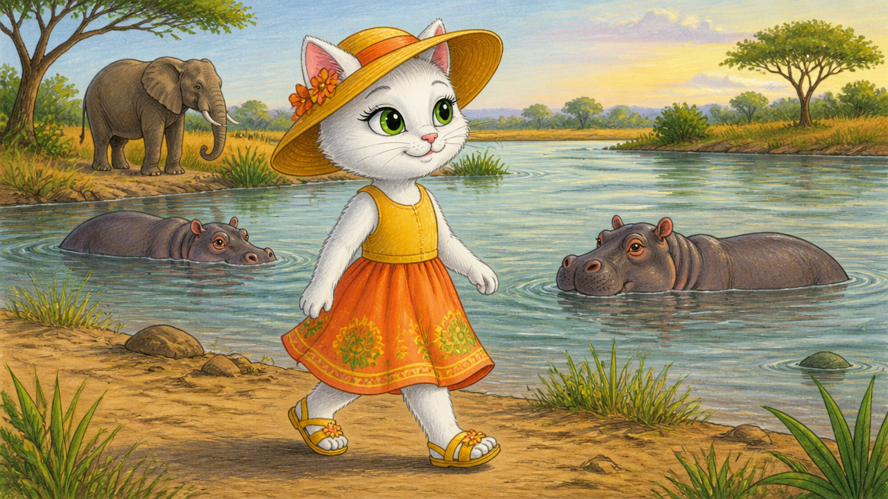 Cute white cat in orange sunhat and dress walking by a river with hippos and elephants in a savannah background.