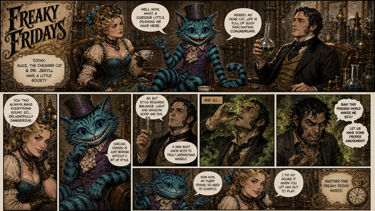 A vintage, steampunk-inspired comic panel featuring Alice, the Cheshire Cat, and Dr. Jekyll in a dim, ornate bar.