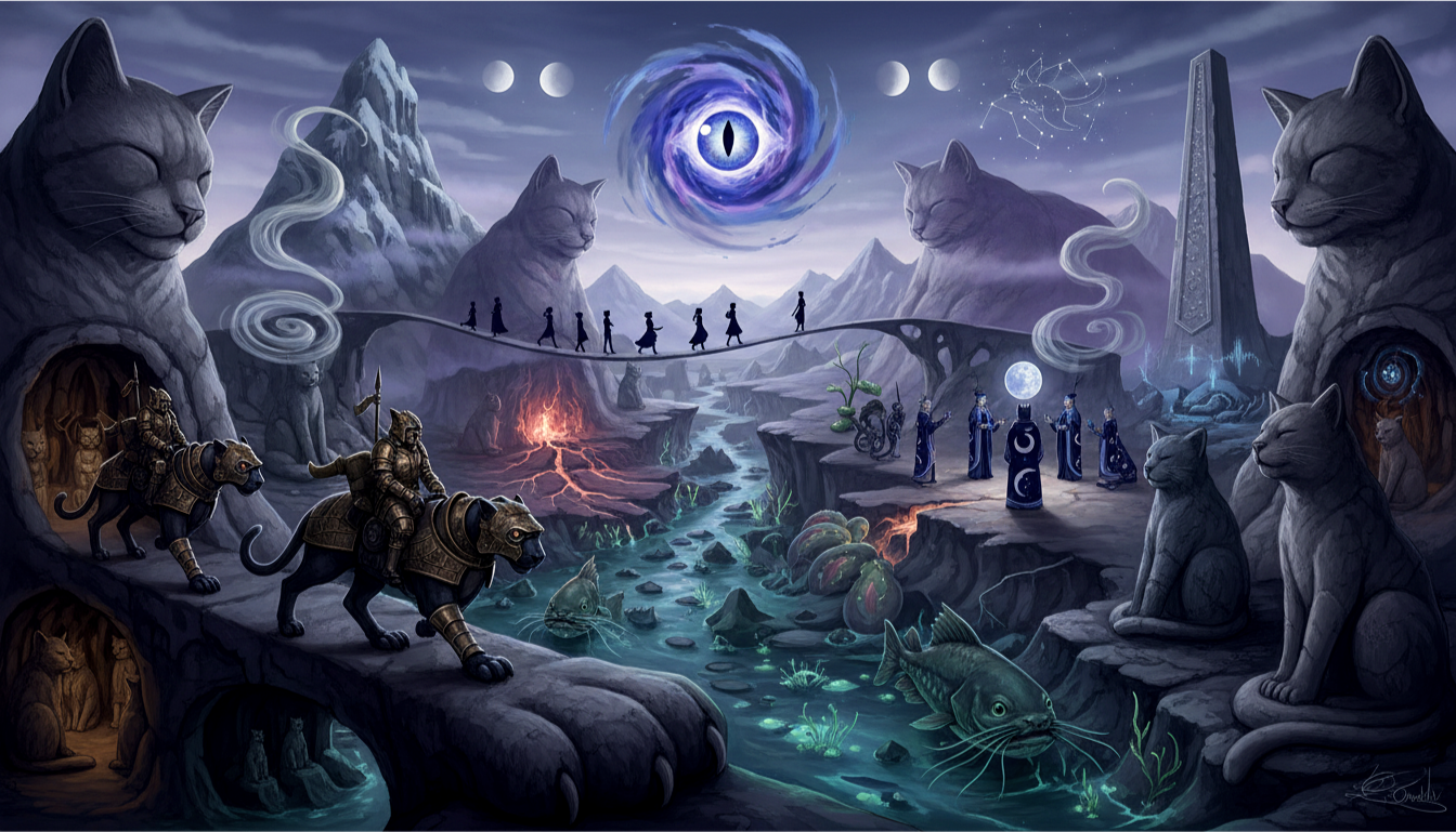 Fantasy scene with giant cat statues, a moonlit landscape, a glowing eye portal, and a bridge of silhouettes.