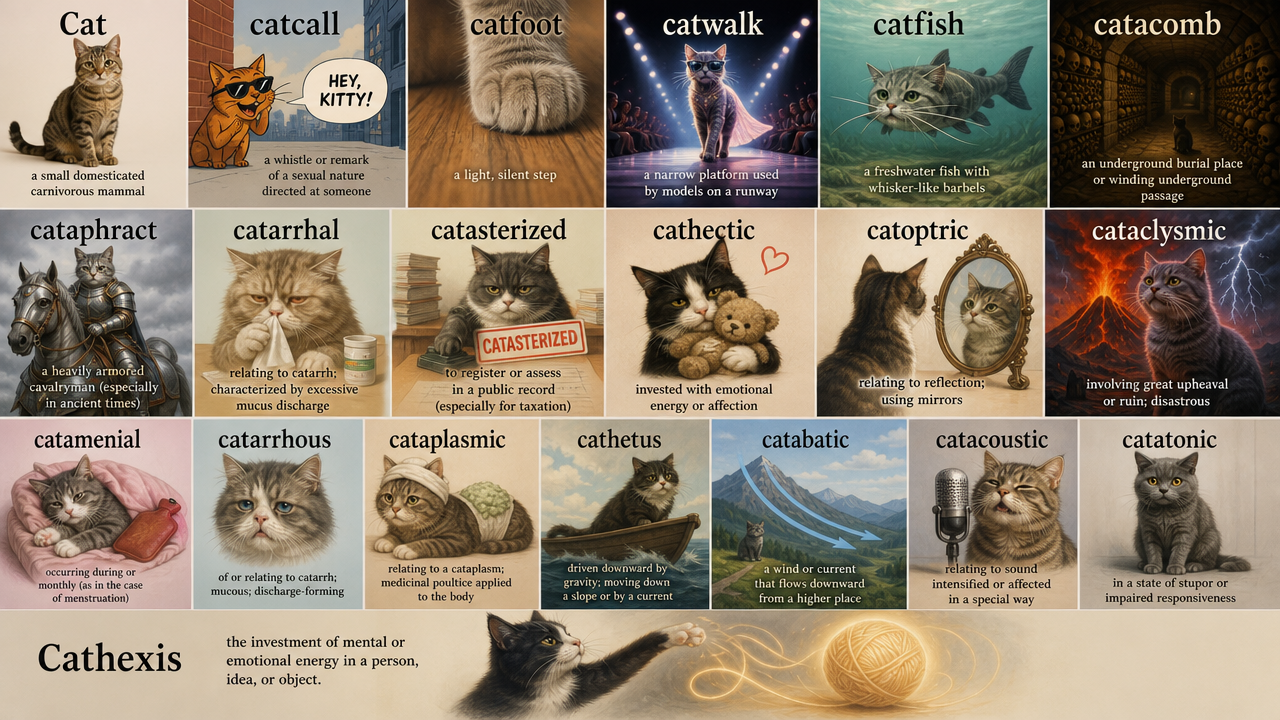 Collage of cat-themed word cards with images and playful captions (e.g., catwalk, catfish, catacomb, cathexis).