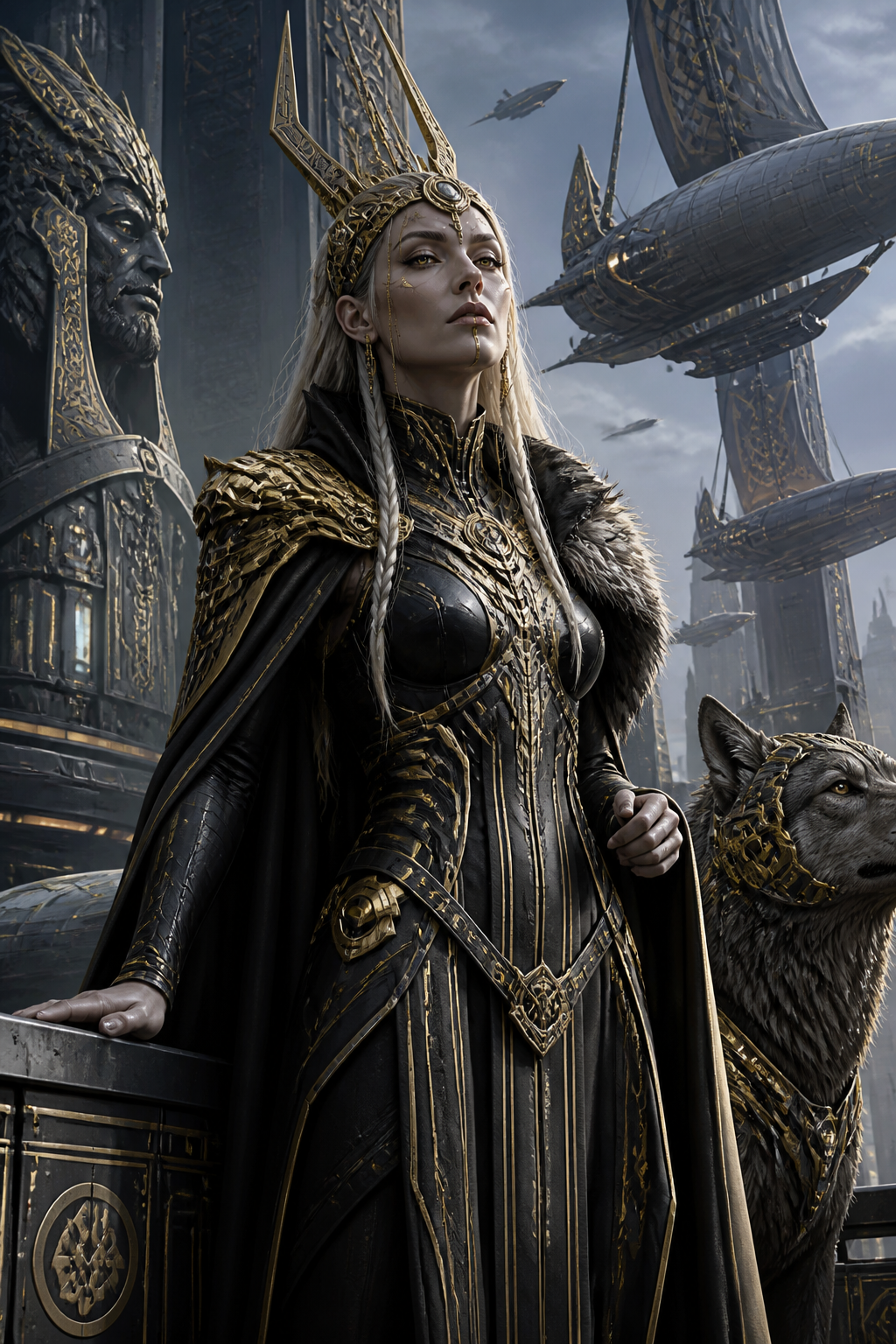Elegant queen in black-and-gold armor with fur cape beside a throne in a fantasy city.