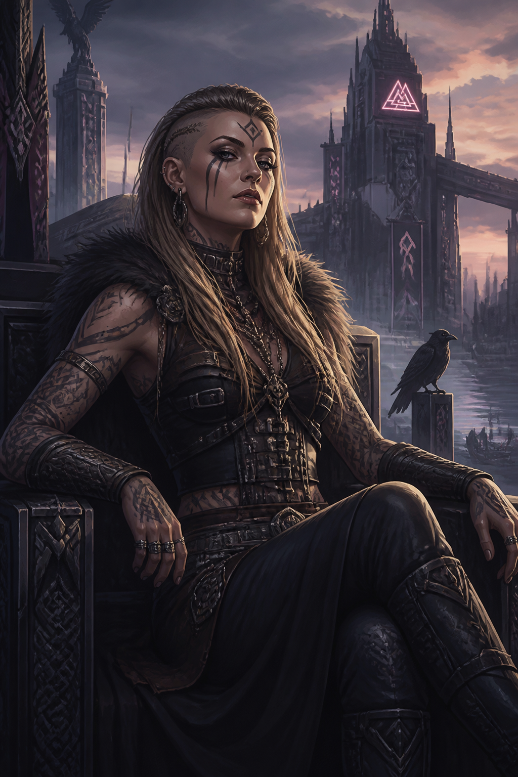 Tattooed female warrior in dark armor sits on a throne beside a gothic city skyline at dusk.