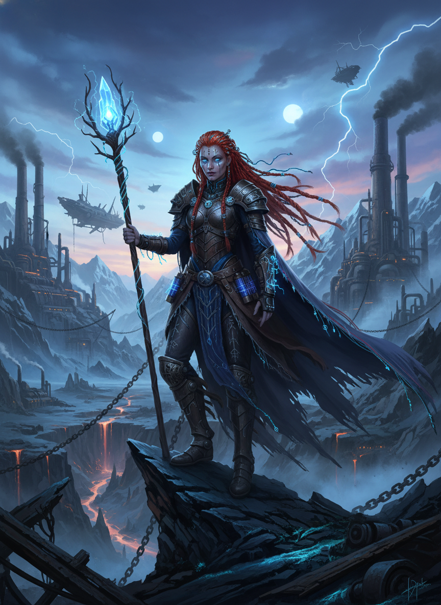 Female armored warrior with red hair and glowing staff in a stormy, industrial fantasy landscape.