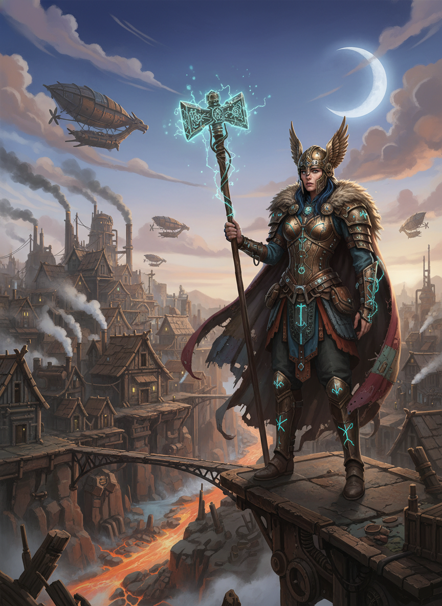 Armored female warrior with glowing rune hammer stands on a bridge above a steampunk city at dusk.