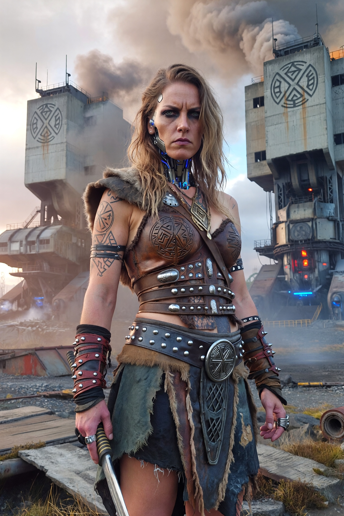 Female warrior in leather armor with a sword in a smoky post-apocalyptic industrial setting.