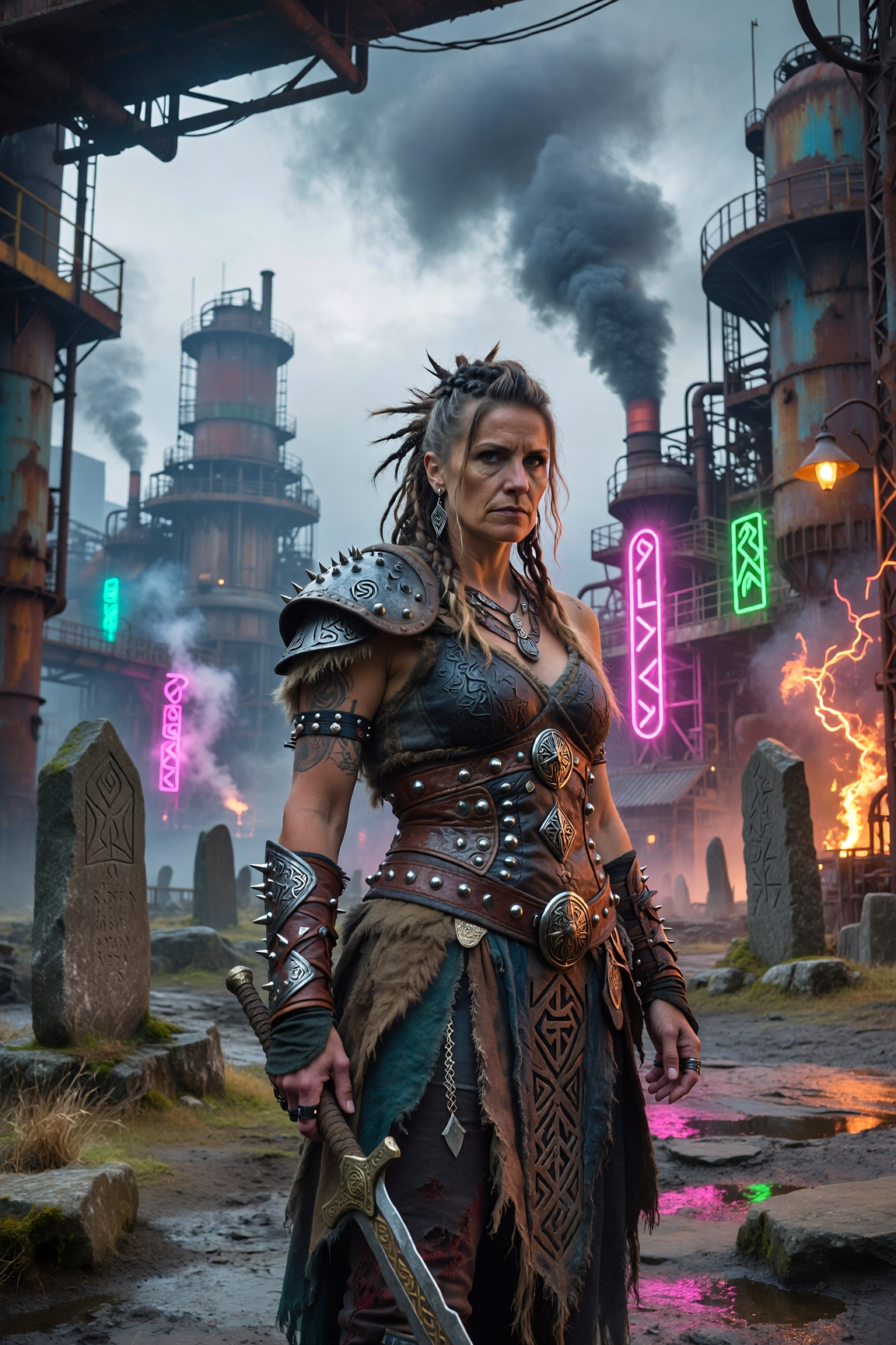 Armored female warrior with sword in a neon-lit industrial wasteland.