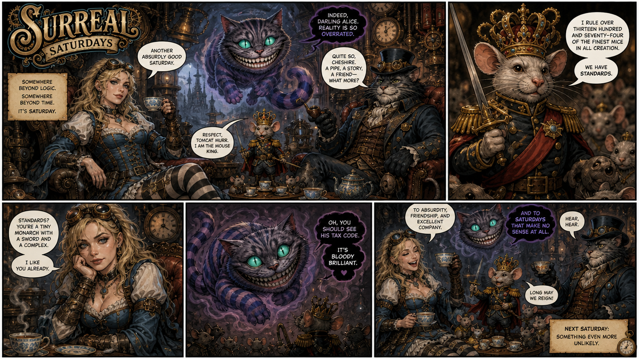 Fantasy comic panel featuring a regal woman, a grinning cat, and a crowned rodent king at a moonlit tavern.