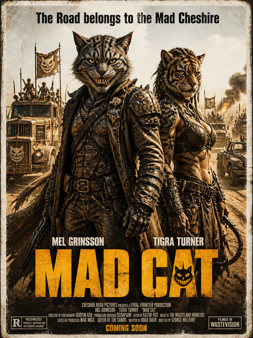 Post-apocalyptic duo of armored anthropomorphic cats leading a dusty convoy on a muddy road.