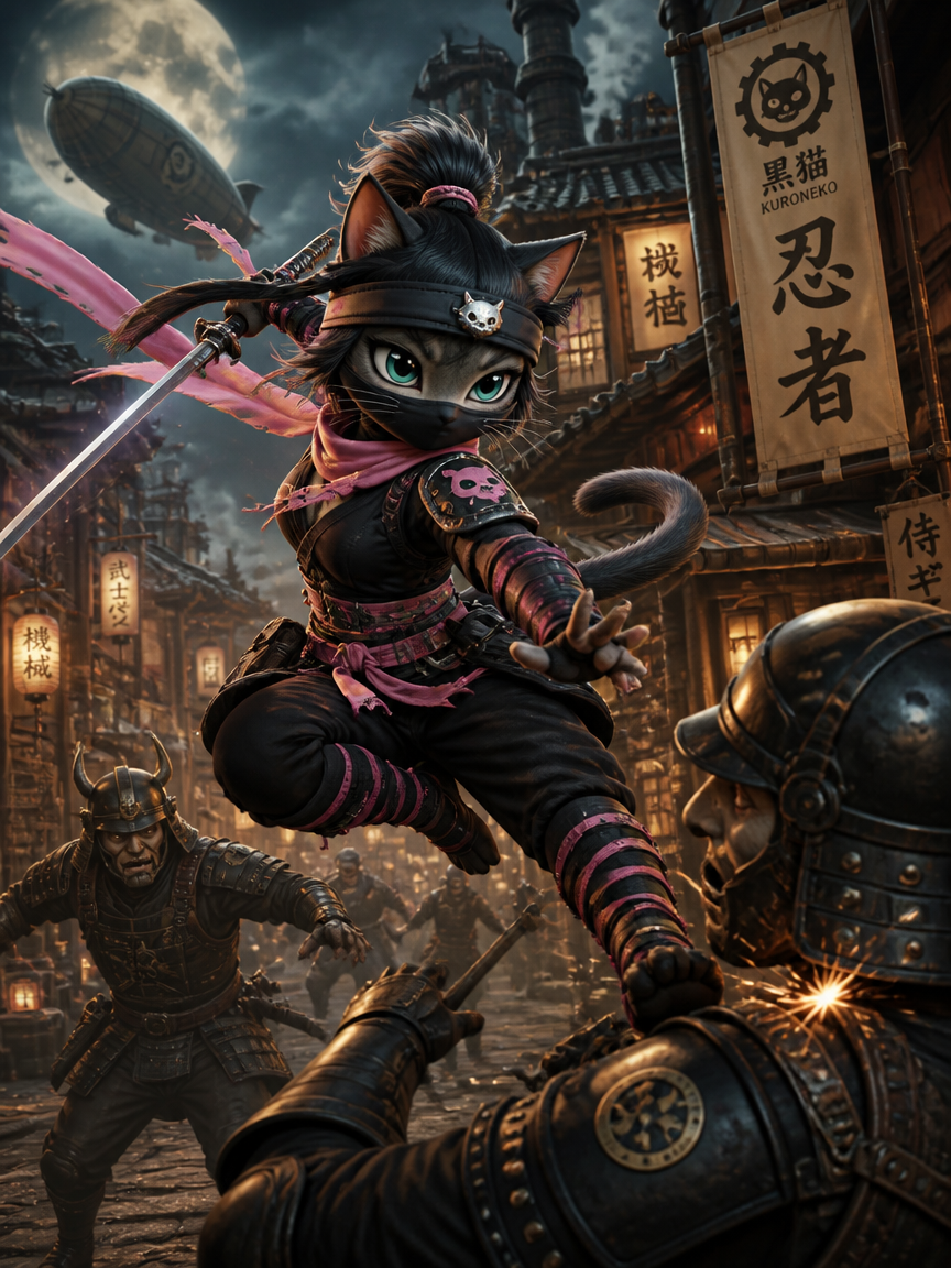 Animated black-cat ninja leaping with a sword in a dark, lantern-lit Japanese street.