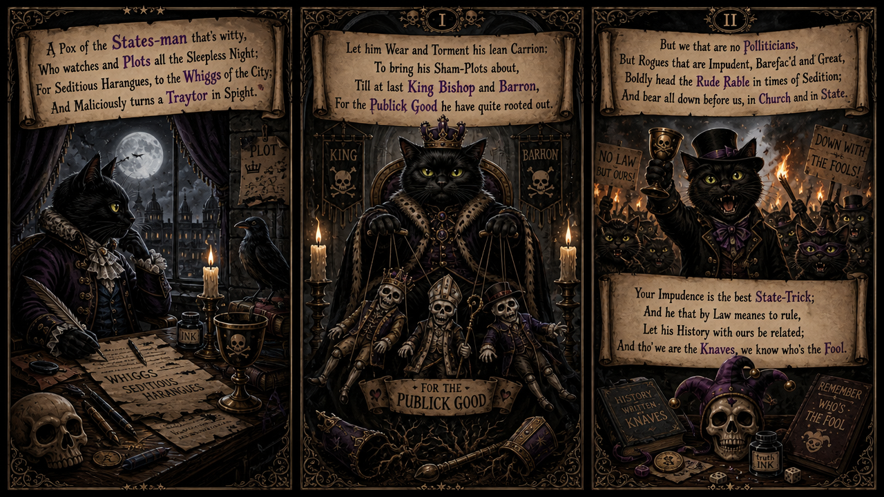 Three gothic cat aristocrats in dark, medieval outfits with skulls, candles, and parchment.
