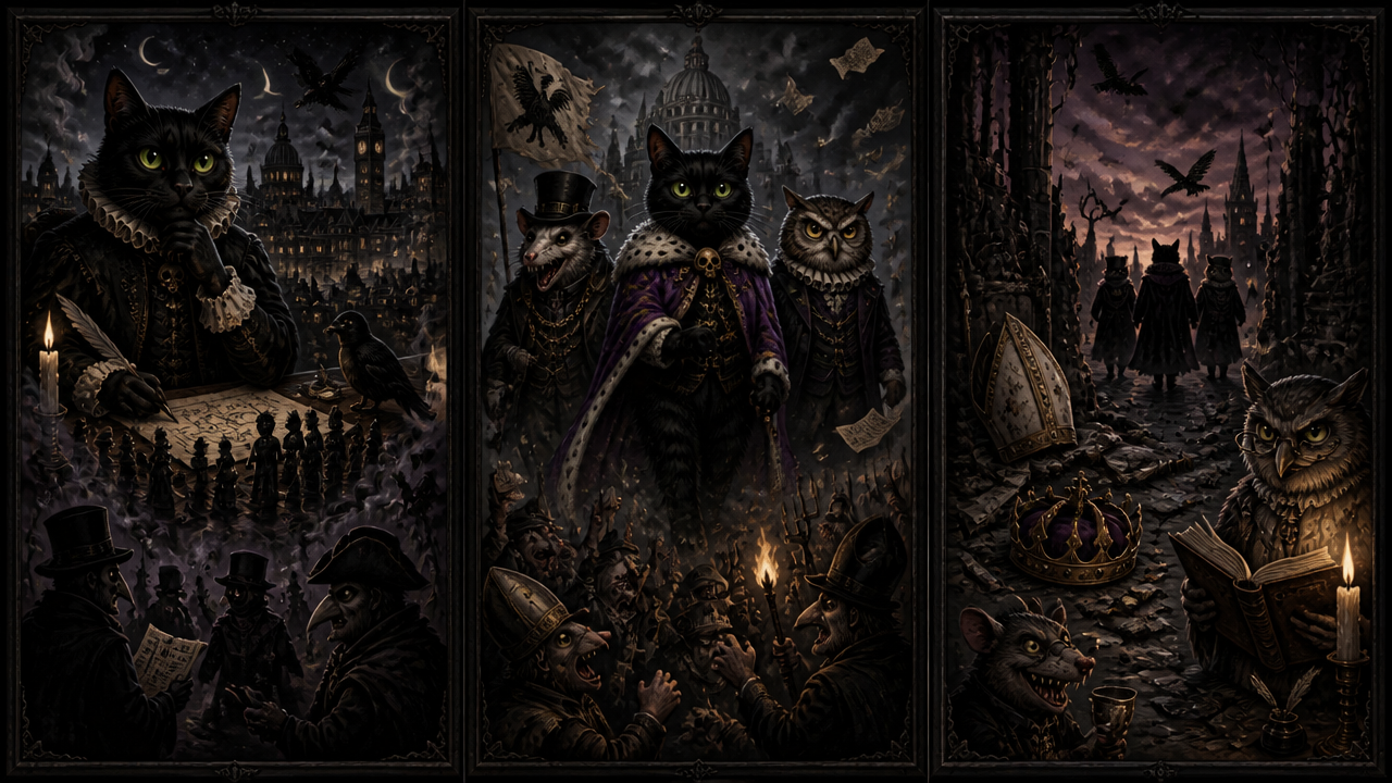 Triptych of black cats in Victorian aristocrat outfits in a dark, gothic cityscape.