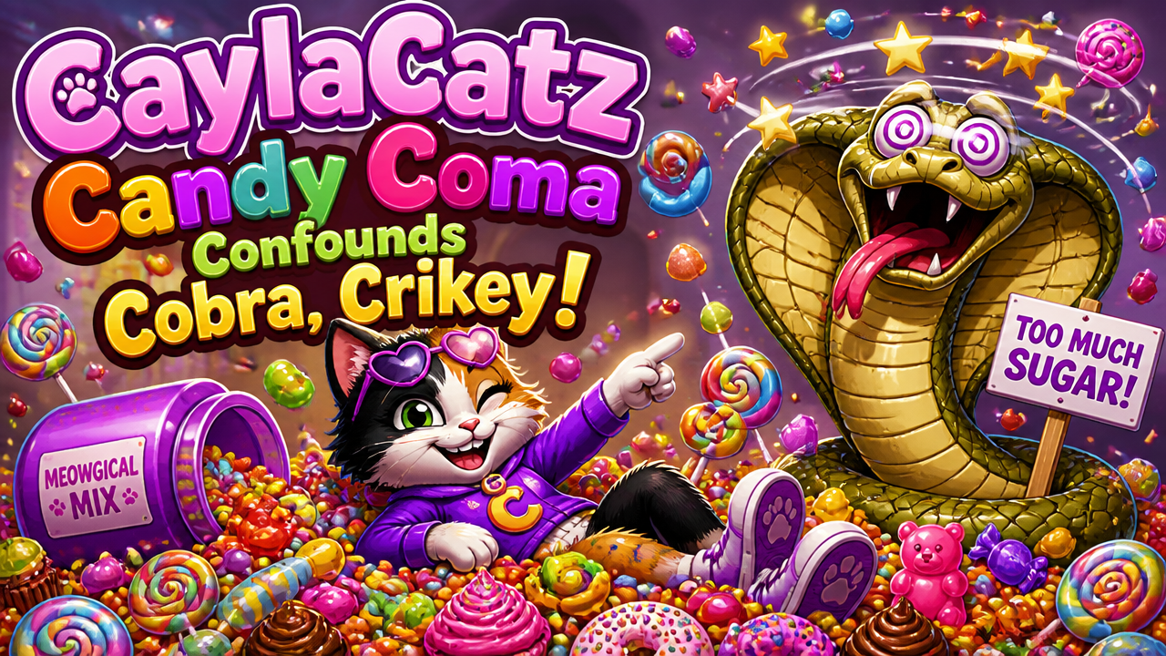 Colorful cartoon game cover with a playful cat among candies and a wide-eyed cobra.