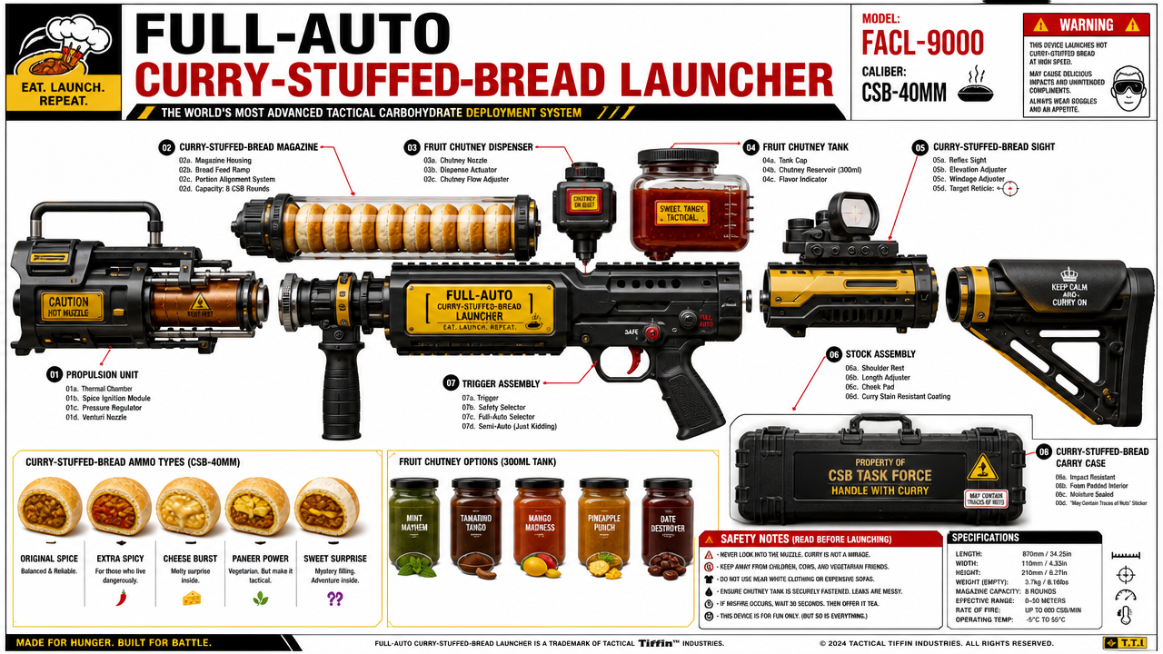 Infographic of a full-auto curry-stuffed-bread launcher with labeled components and sauce jars.