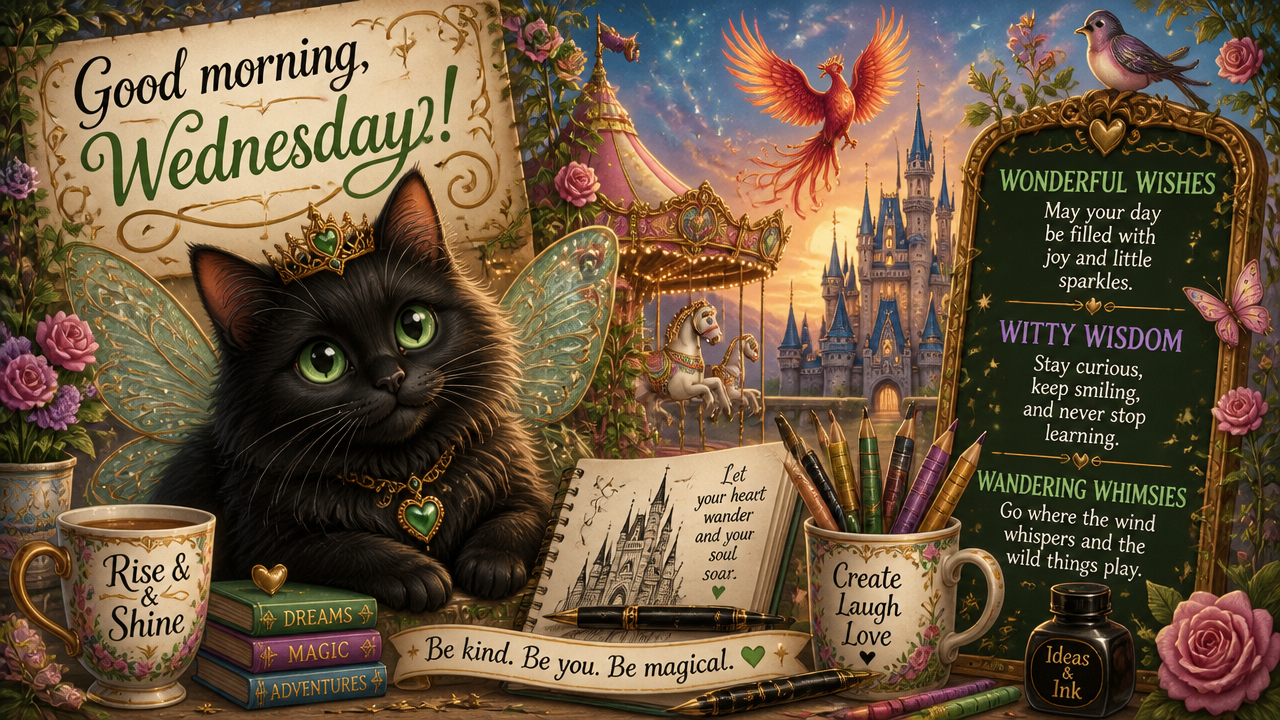 Whimsical scene of a black cat with fairy wings among magical stationery and a castle backdrop.