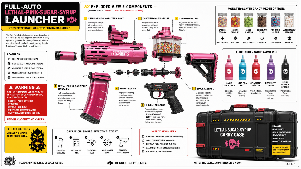 Pink toy launcher with exploded-view diagram and labeled components.
