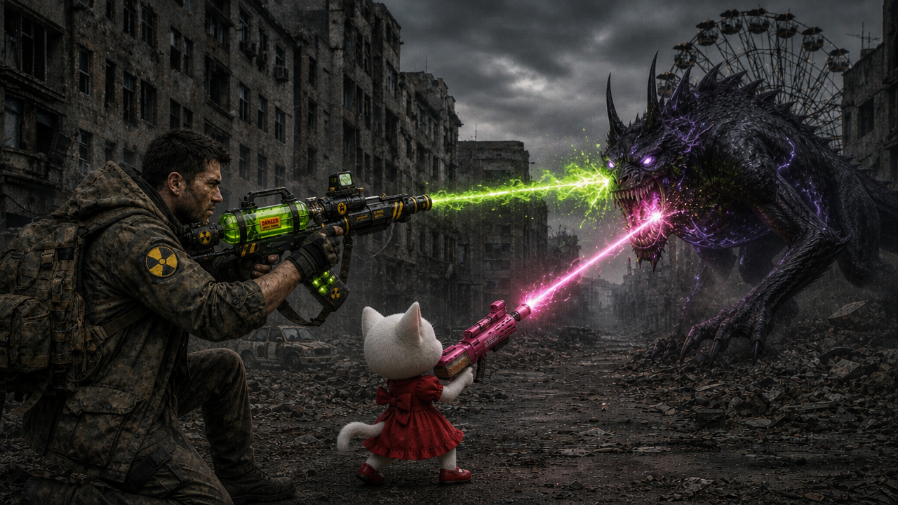 Post-apocalyptic battle scene with a man firing a neon-green laser and a white cat heroine shooting a pink laser at a dark...