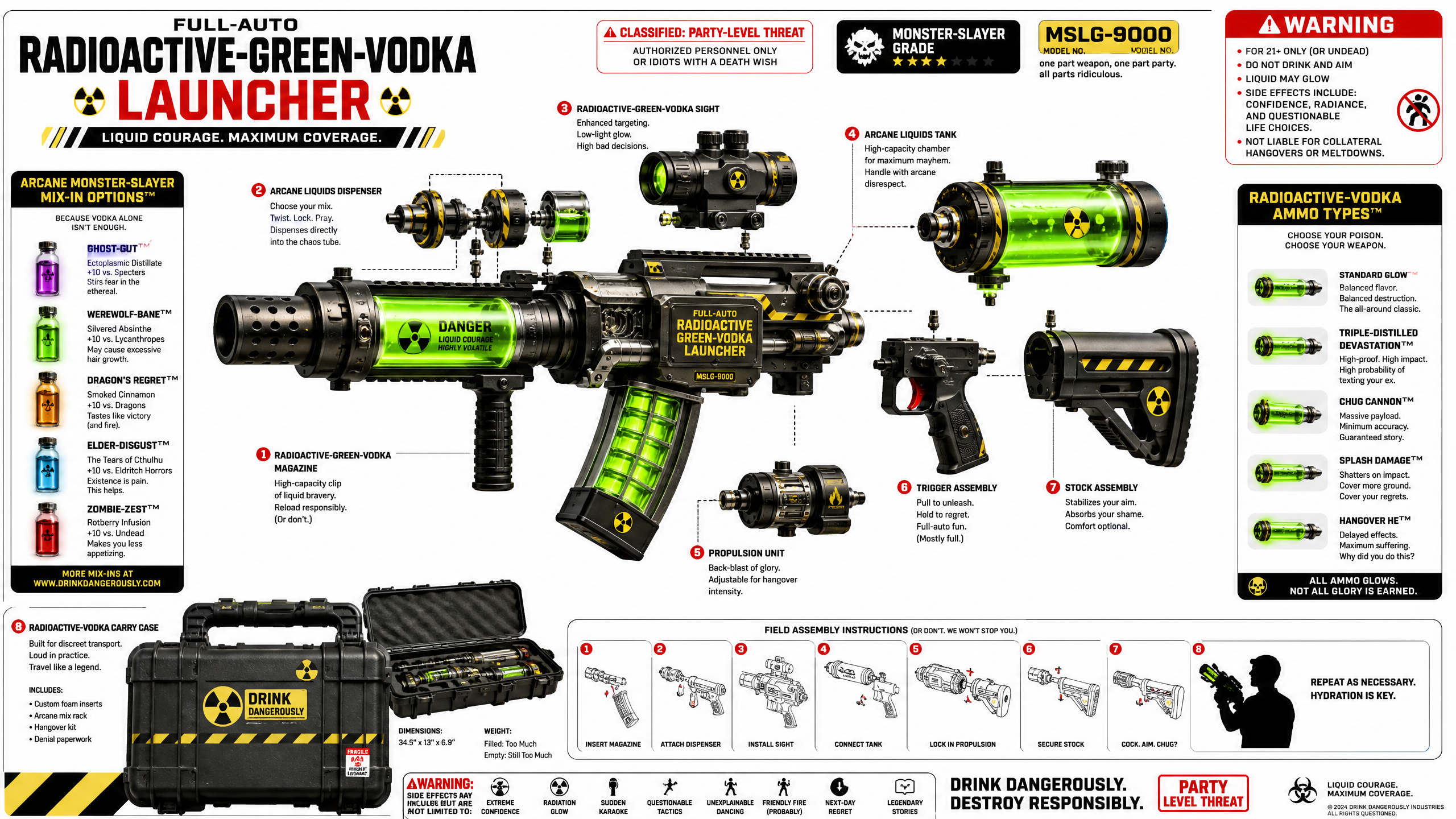 Graphic infographic of a neon green "Radioactive Green Vodka Launcher" toy with components, labels, and a black-and-yellow...