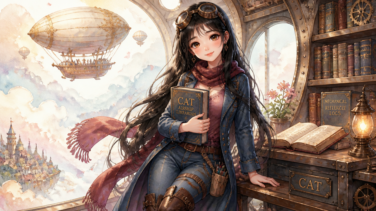 Steampunk-inspired woman with goggles holding a book in a brass library aboard an airship.