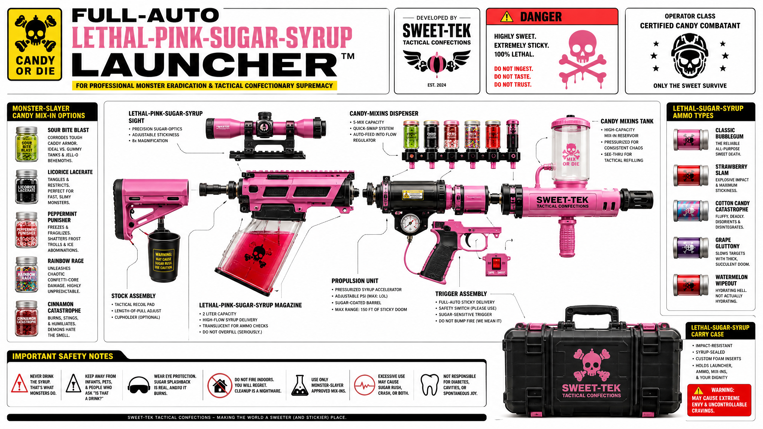 Colorful pink candy launcher schematic with multiple components and a carrying case.
