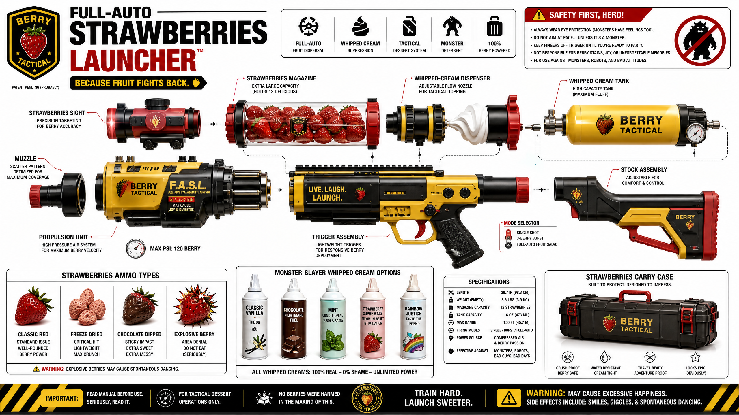 Infographic exploded view of a Berry Tactical full-auto strawberry launcher with labeled components.