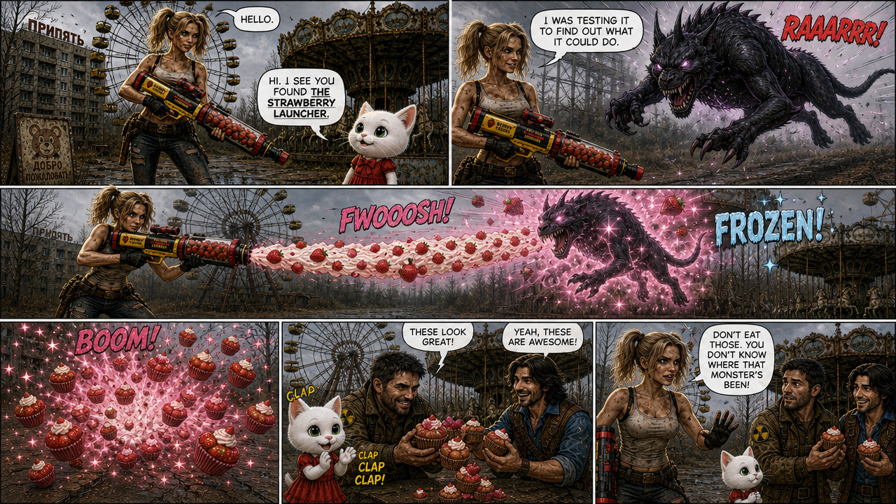 Comic panel with a female fighter, a white cat, and a monstrous dog amid exploding cupcakes in a post-apocalyptic amusemen...