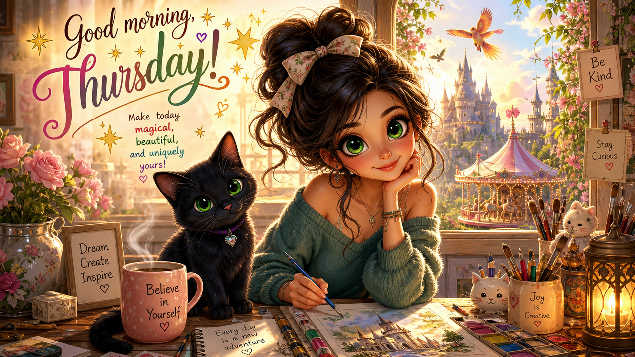 Whimsical illustration of a girl with green eyes drawing at a colorful desk with a black cat and a castle backdrop.