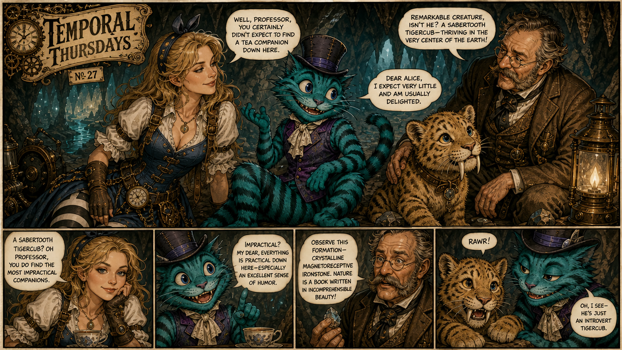 Steampunk comic panel with a Victorian woman, a striped sabertooth tiger cub, a teal cat in a top hat, and a bearded profe...