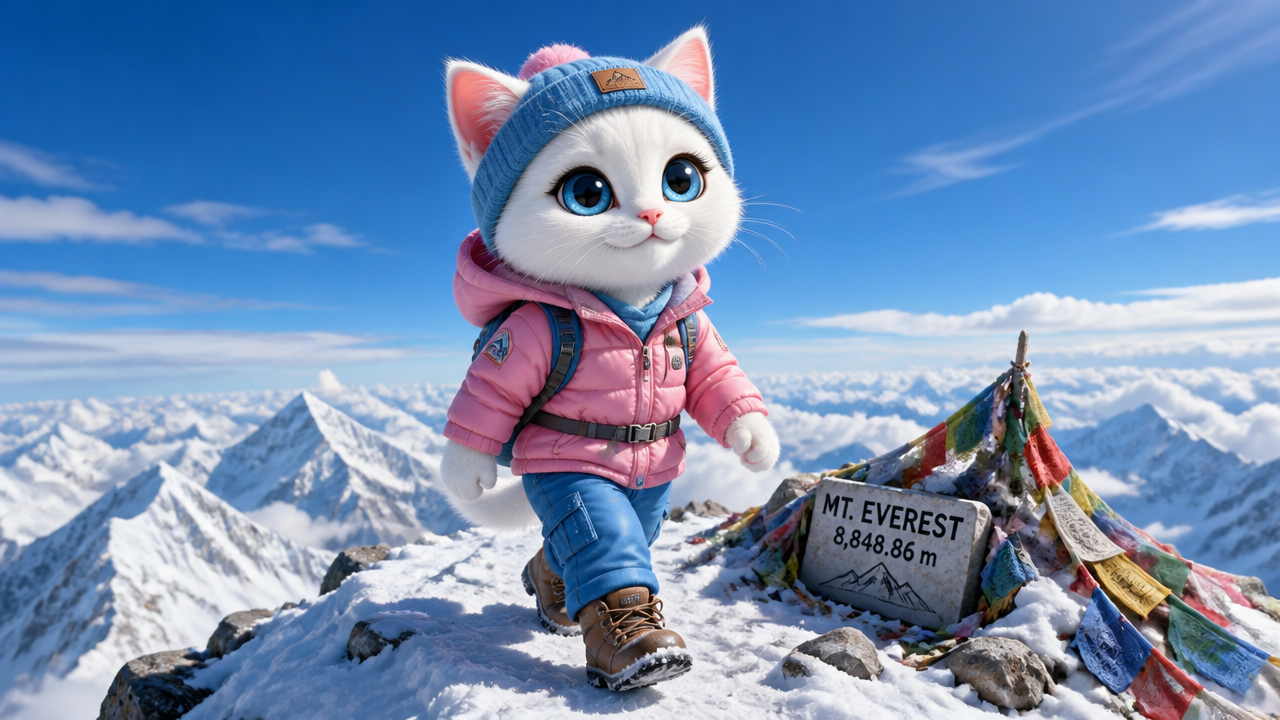 Cute white cat mascot in pink jacket and blue beanie standing on snowy Mt. Everest summit.