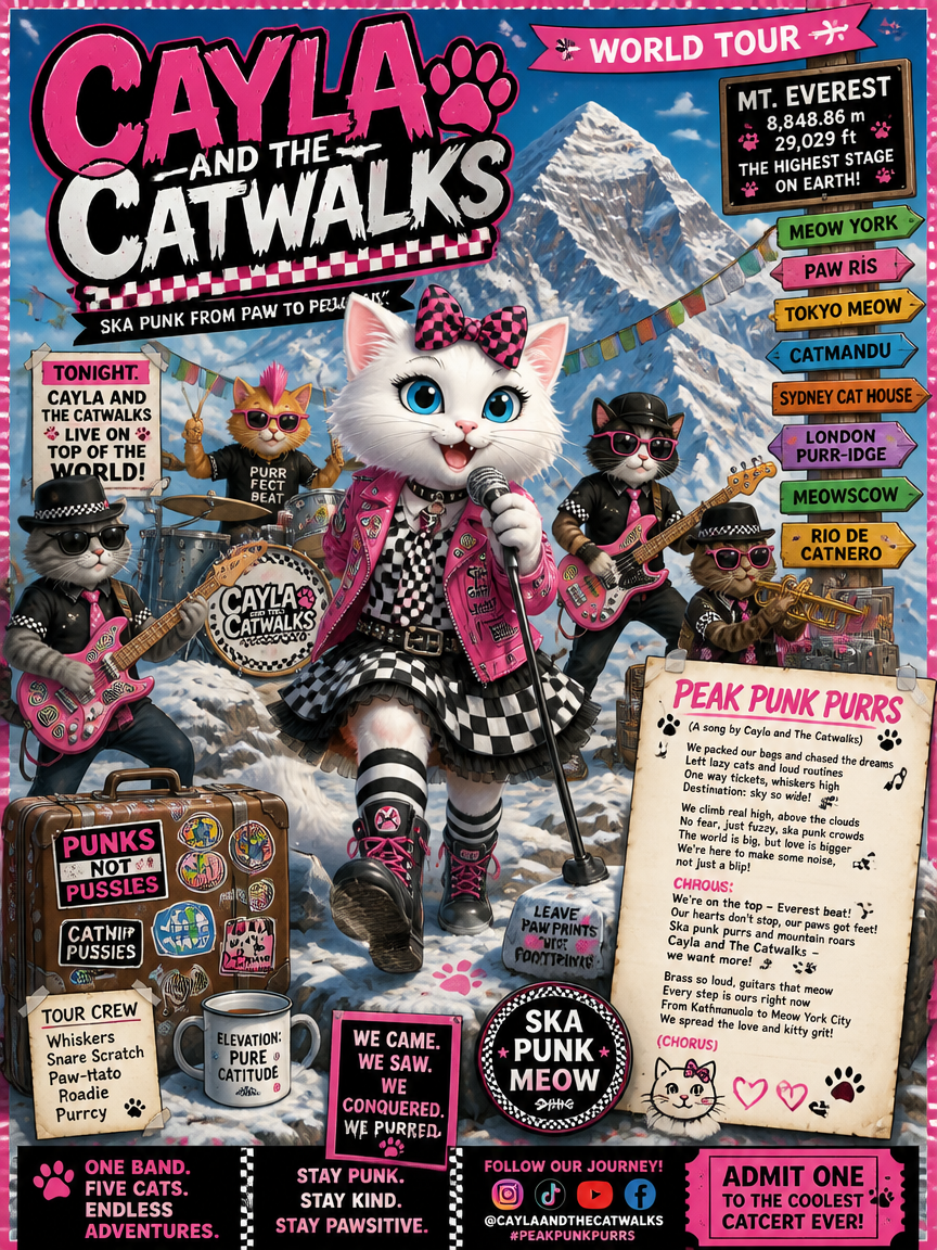 Colorful poster of Cayla and the Catwalks performing with punk cats on a snowy mountain backdrop.