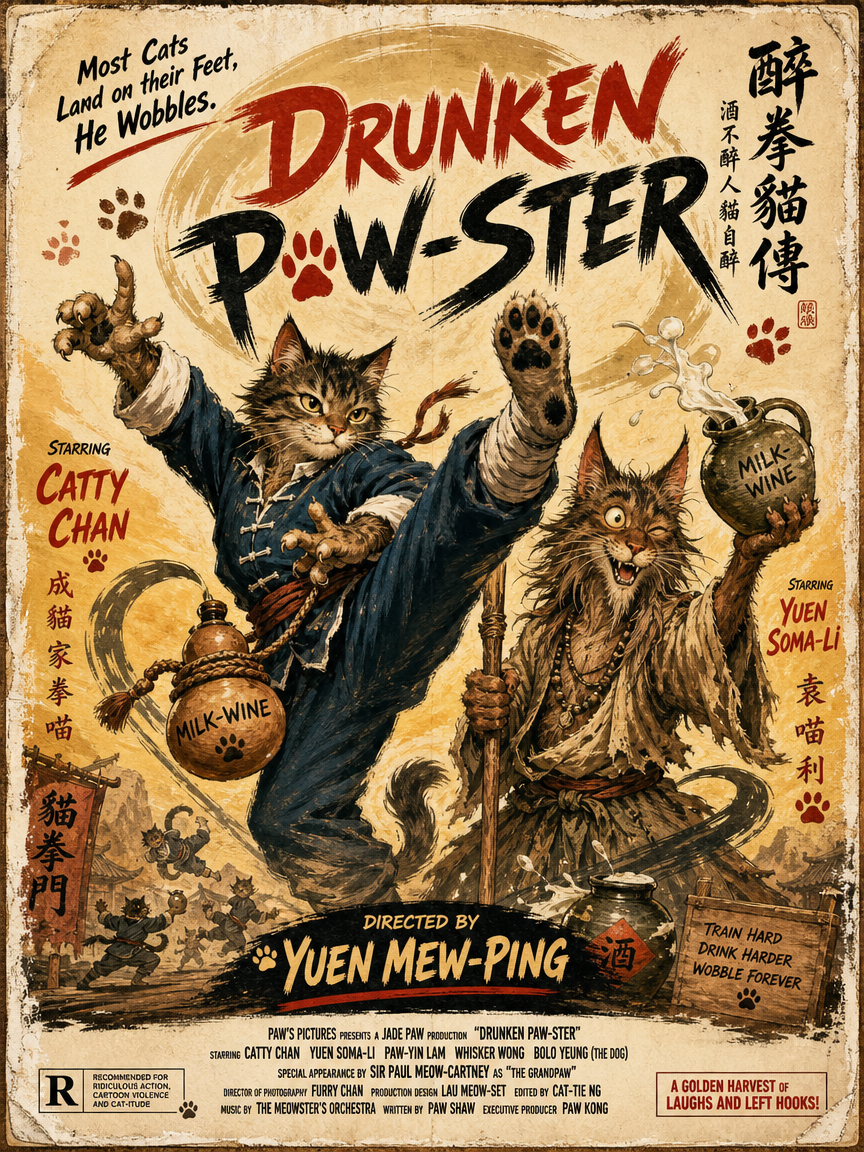 Vintage-style poster featuring two martial-arts cats mid-kick with mugs, titled Drunken Paw-ster.