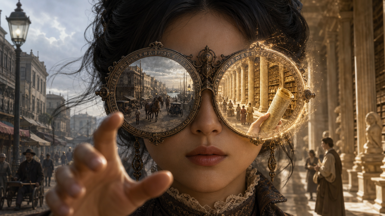 Woman wearing ornate steampunk goggles reflecting a busy street scene