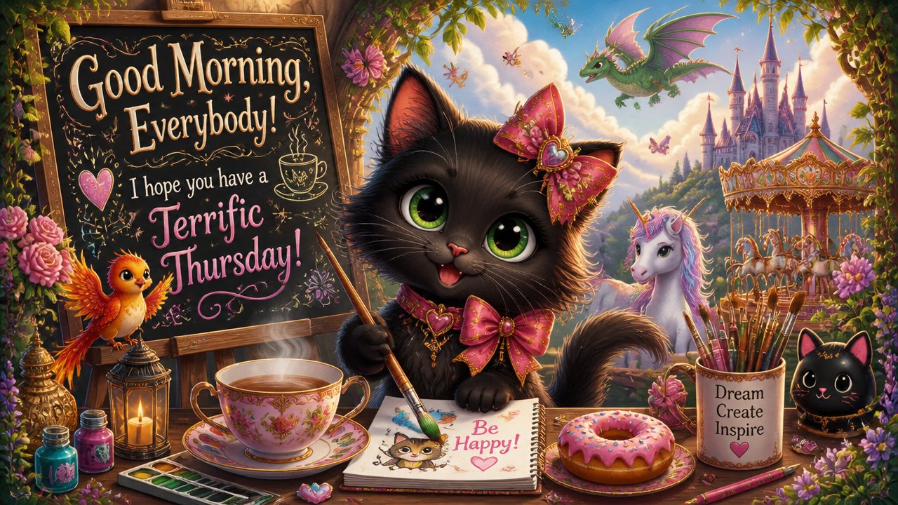 Adorable black kitten artist with pink bow painting a cheerful note in a magical, fairy-tale studio.