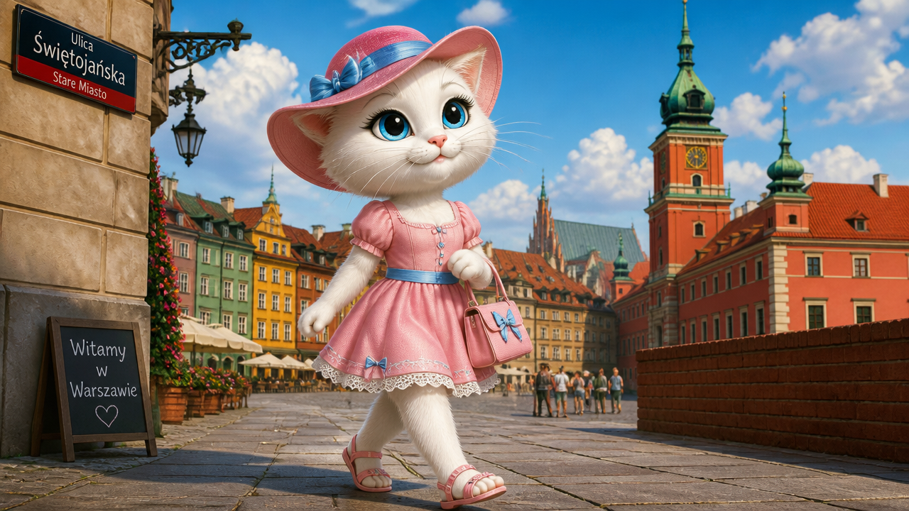 Large cartoon white cat wearing a pink dress and hat strolling through a colorful Warsaw street scene