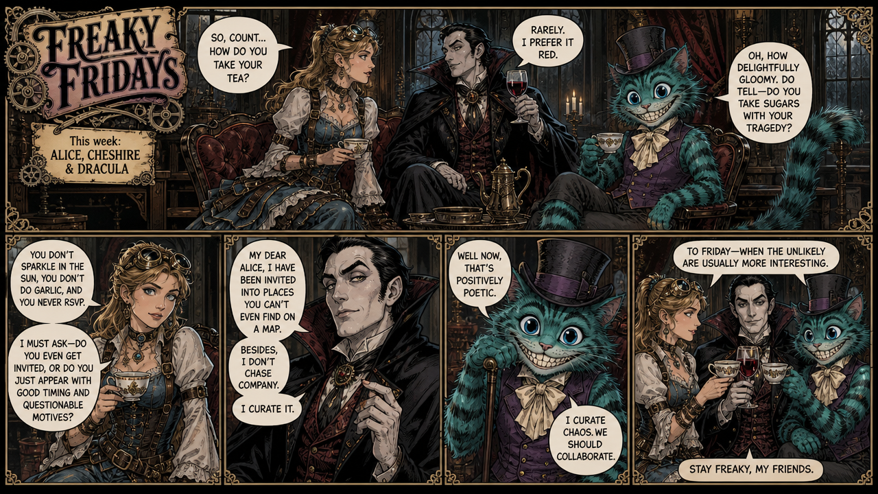 Gothic tea party panel from Freaky Fridays with Alice, Dracula, and a clever Cheshire cat.