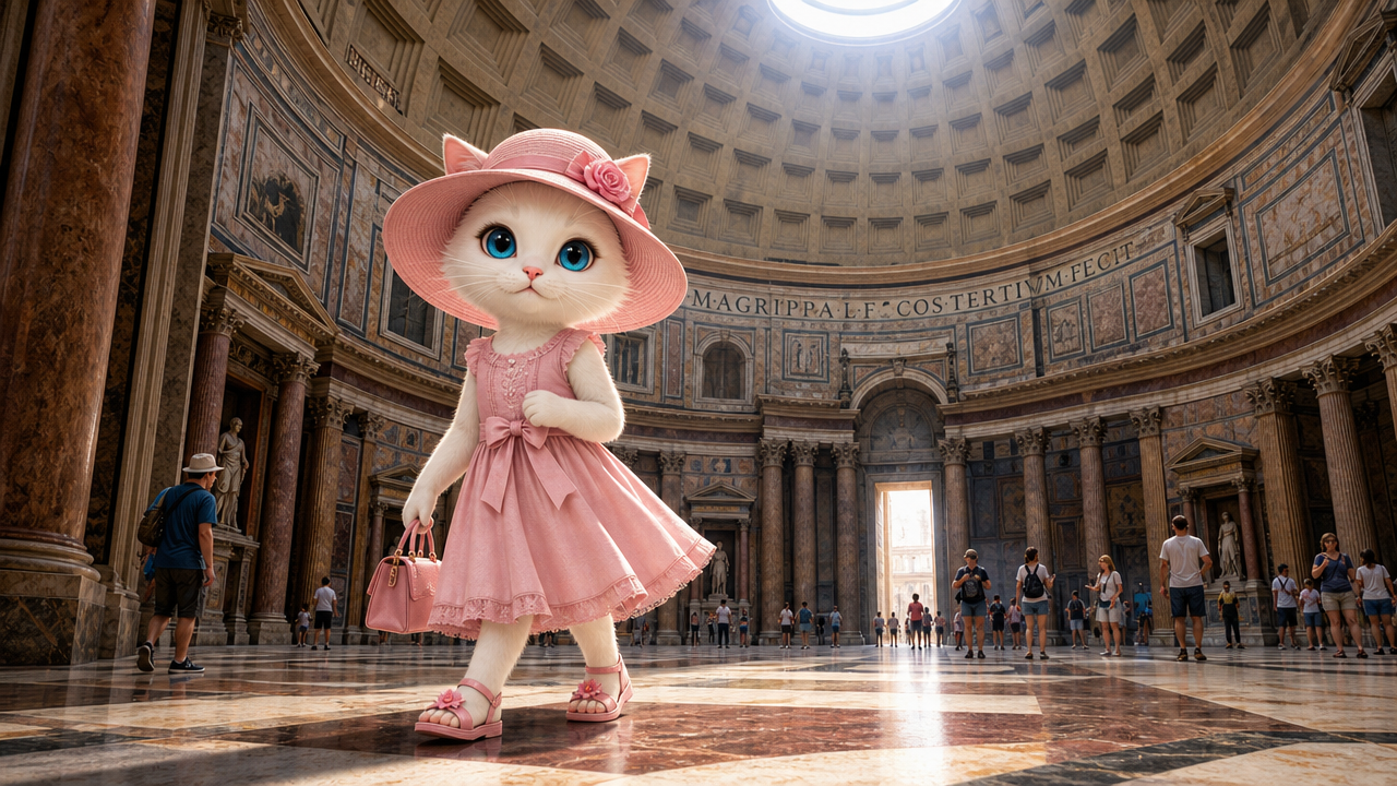 Cute white cat in a pink dress and hat strolling inside a grand Pantheon-like dome.
