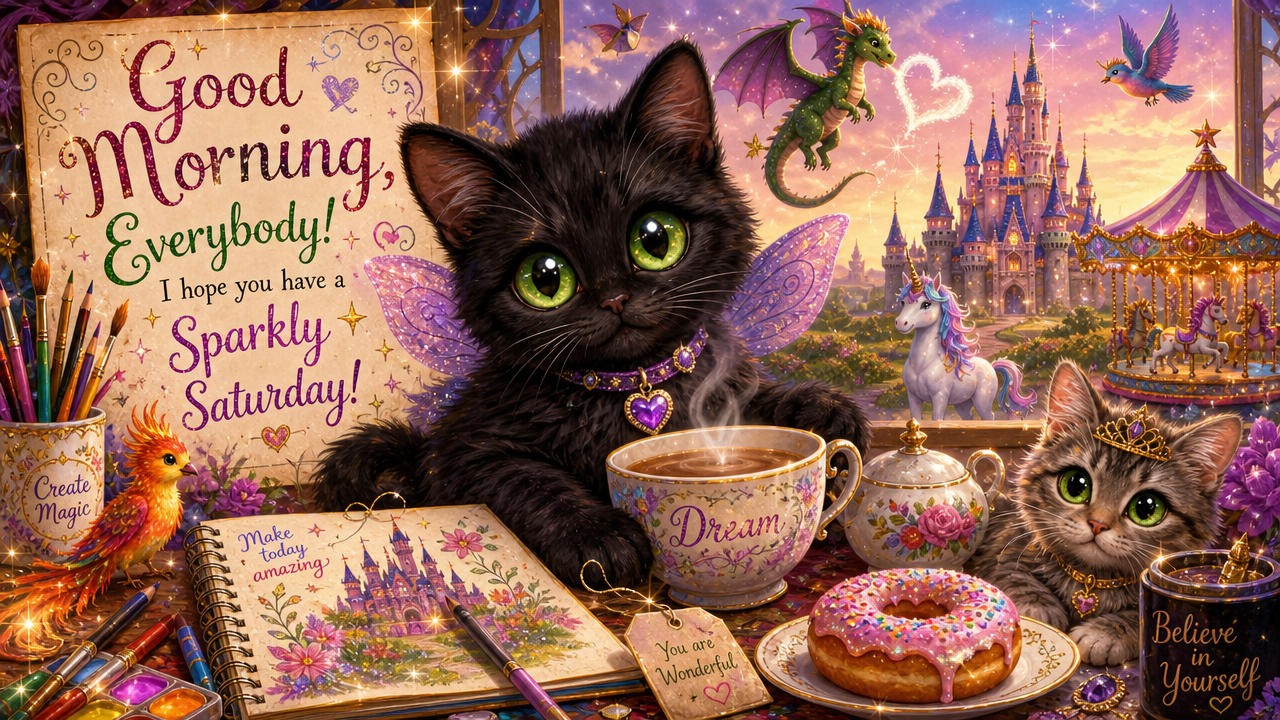 Black kitten with fairy wings beside tea cup and donut in a magical, castle-filled scene.