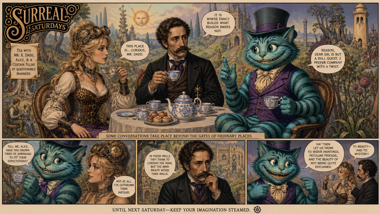 Whimsical tea party with a blue striped cat in Victorian fantasy scenery.