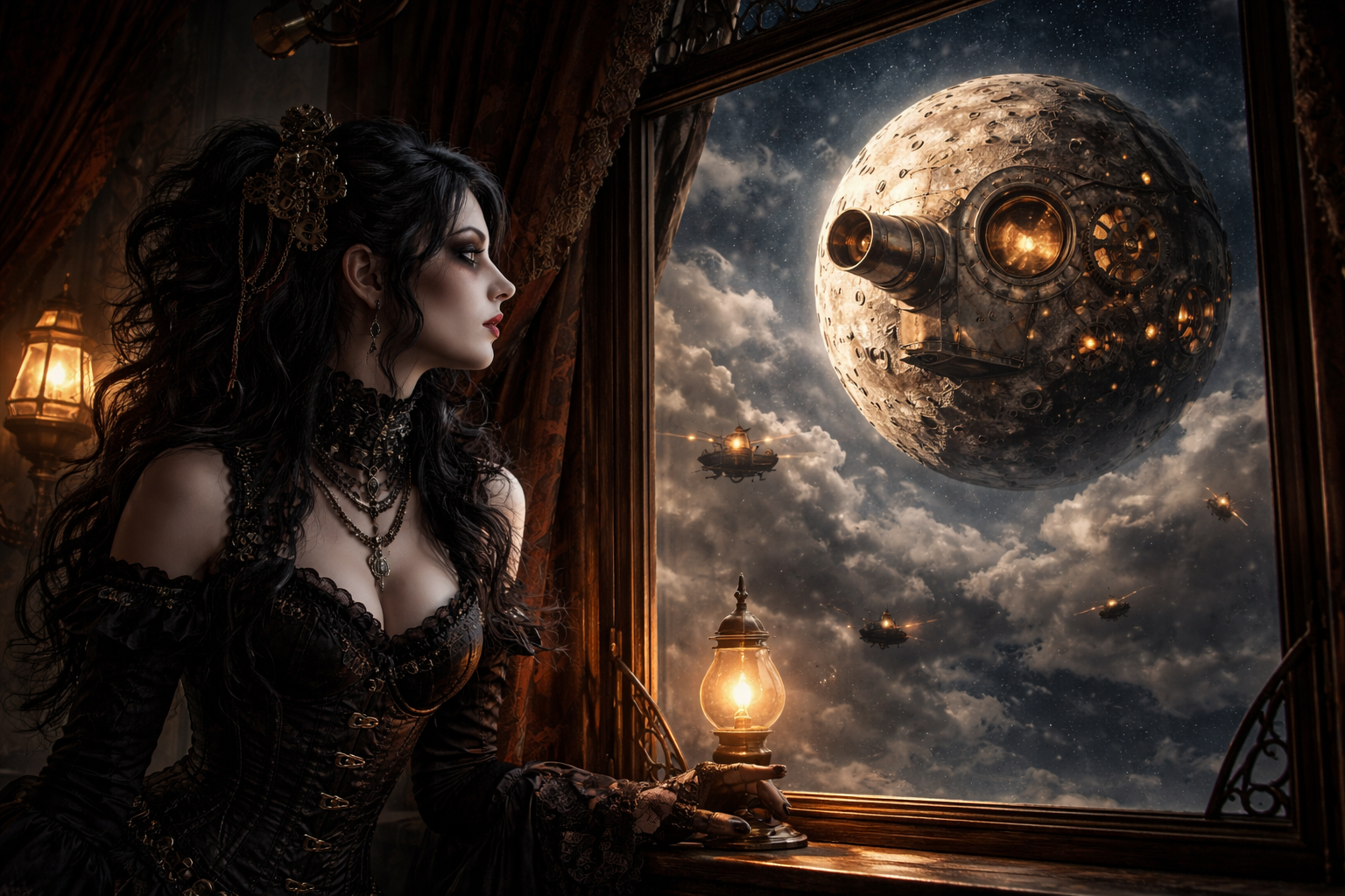 Gothic woman in an ornate dress gazes from a window at a large spherical moon/ship amid a space battle.