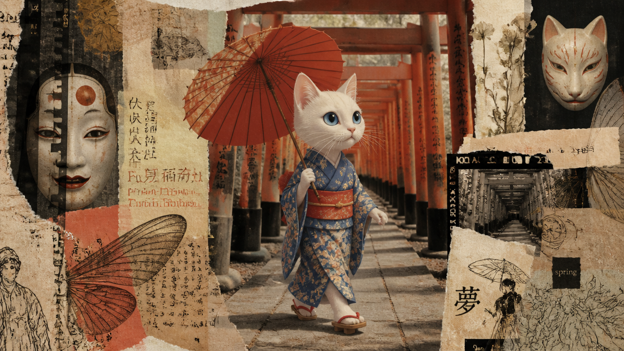 Whimsical collage of a white cat in a blue kimono holding a red umbrella among torii gates.