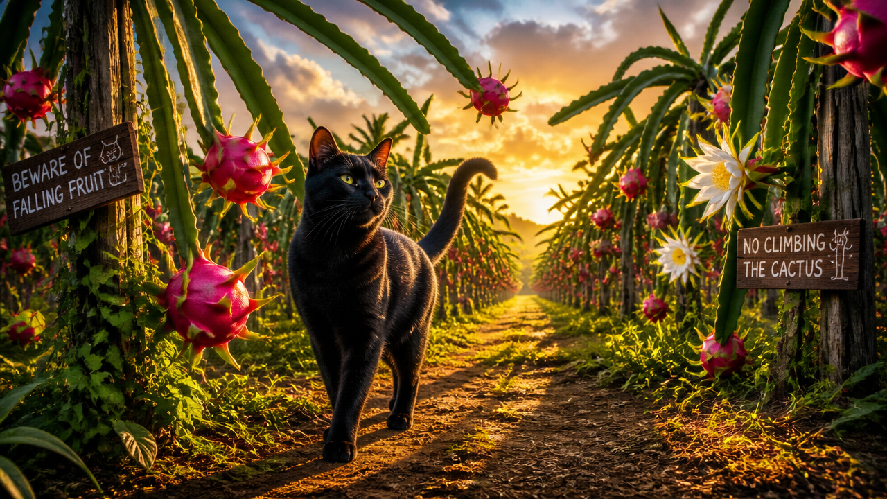 Black cat walking down a dirt path between dragon fruit cacti at sunset.