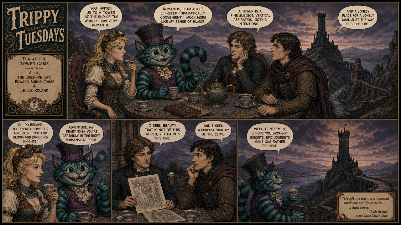 Alice-inspired scene with a Cheshire Cat at a tea-table alongside two robed men against a distant castle.