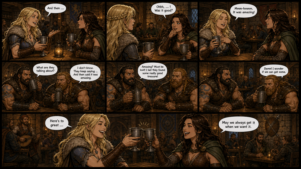Two armored women toasting with goblets at a warm, bustling fantasy tavern.