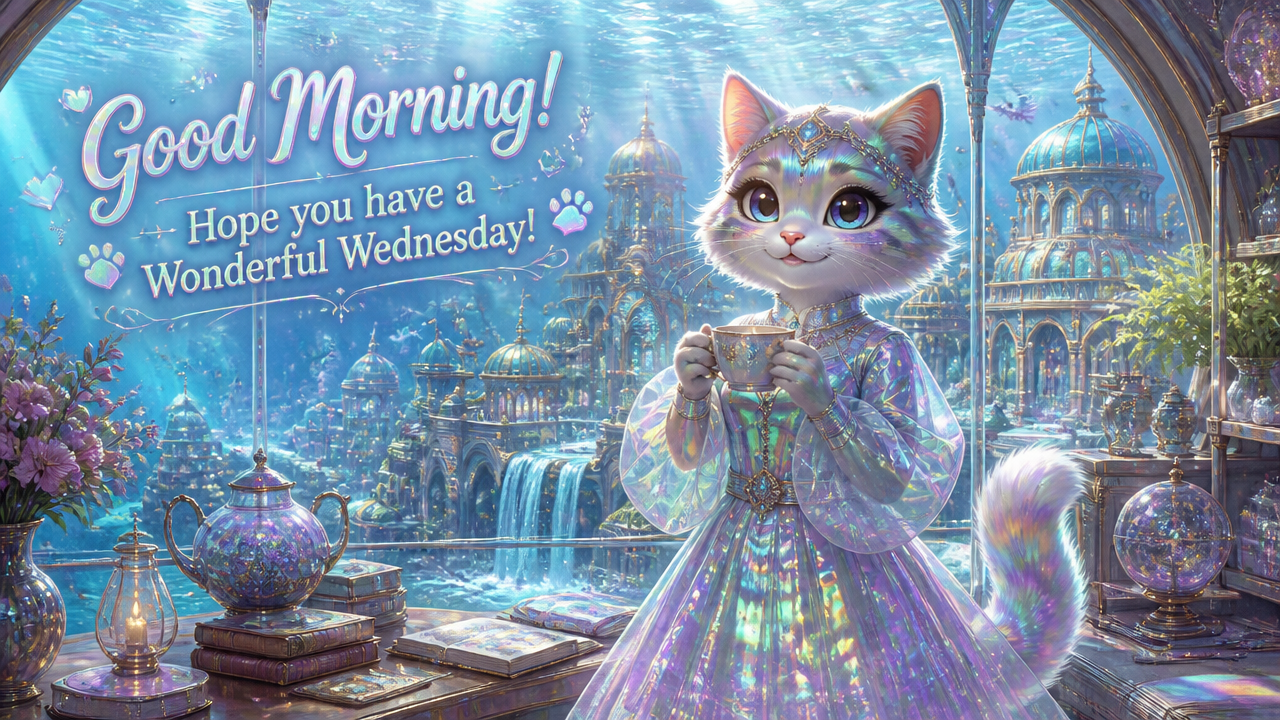 Iridescent cat in a jeweled gown holding a teacup with a magical city backdrop
